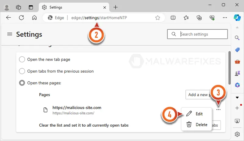 Capture d'écran de la page de démarrage MS Edge